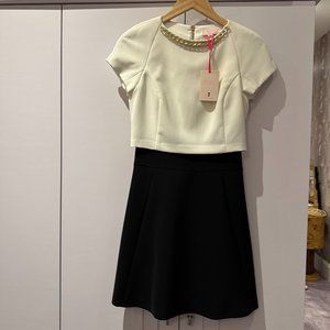 Ted Baker Contrast Double Layer Dress w/Gold Chain Neckline Detail - Size 0
